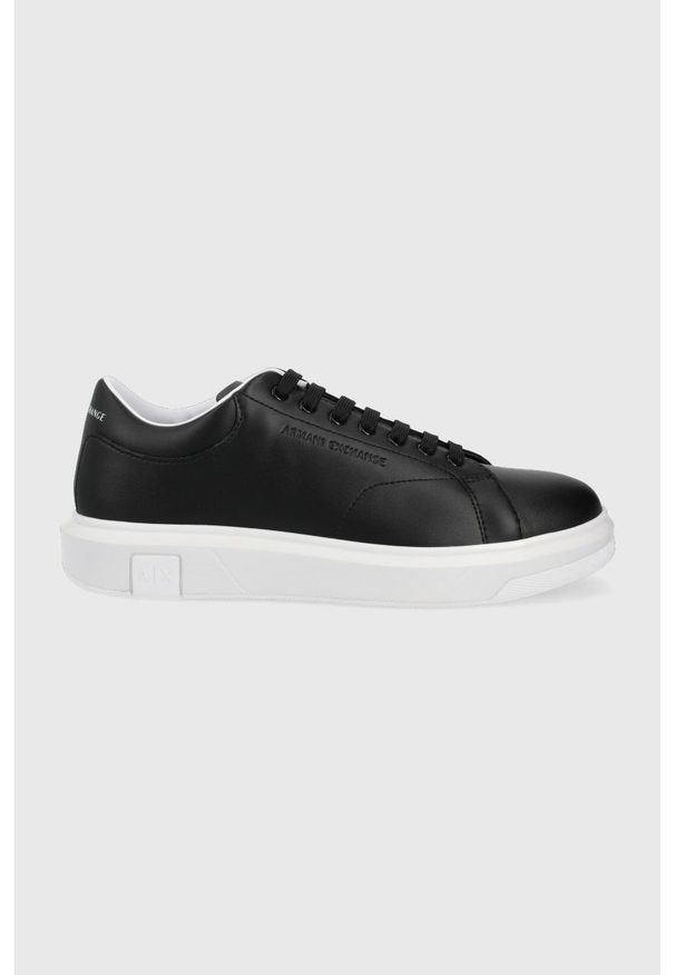 Armani Exchange sneakersy skórzane kolor czarny XUX123 XV534 00002. Nosek buta: okrągły. Zapięcie: sznurówki. Kolor: czarny. Materiał: skóra. Obcas: na obcasie. Wysokość obcasa: niski