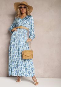 Renee - Niebieska Satynowa Sukienka z Gumką w Talii i Wzorem Paisley Xalire. Kolor: niebieski. Materiał: satyna. Wzór: paisley