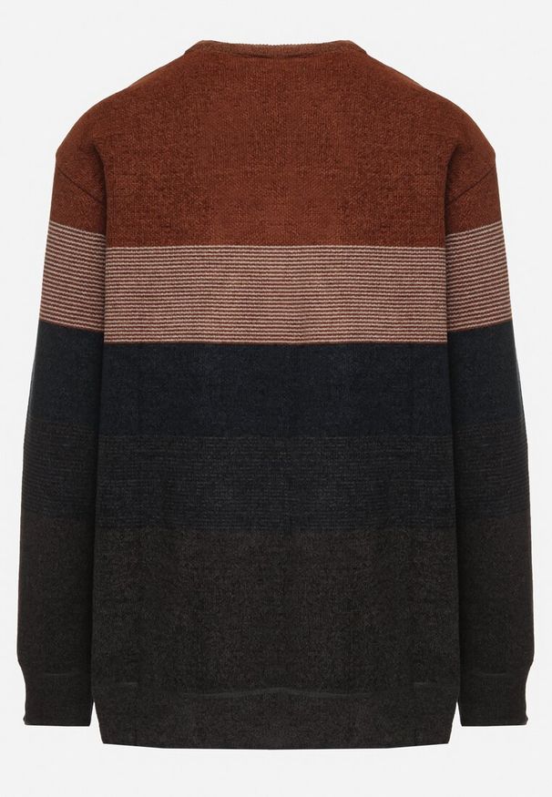 Born2be - Brązowo-Granatowy Sweter z Wełną w Paski Ettarine. Okazja: na co dzień. Kolekcja: plus size. Kolor: brązowy. Materiał: wełna. Wzór: paski. Styl: klasyczny, casual, elegancki