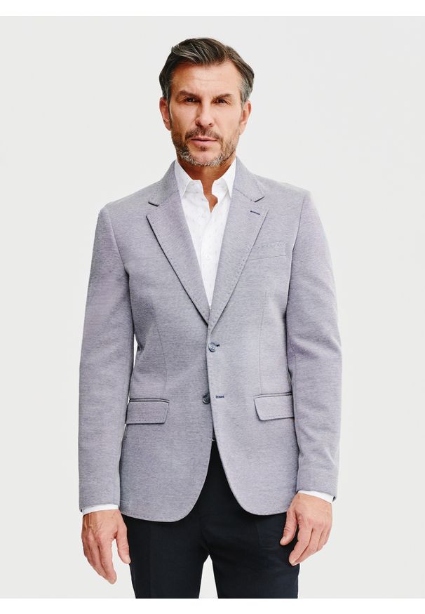 Pako Lorente - Granatowa marynarka melanż. Okazja: na co dzień. Kolor: niebieski. Materiał: dzianina, poliester, bawełna. Wzór: melanż. Sezon: wiosna. Styl: casual