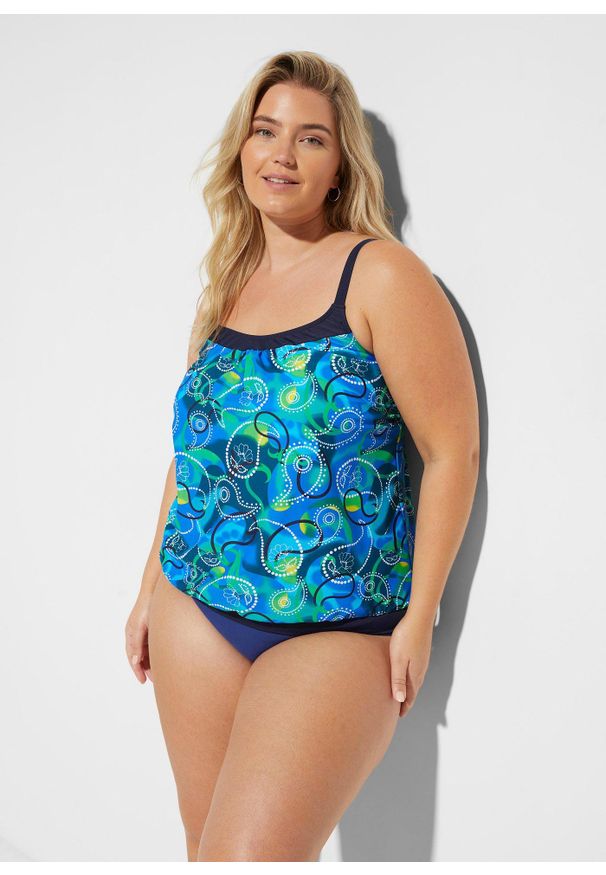 bonprix - Top tankini. Kolor: niebieski. Długość rękawa: na ramiączkach. Wzór: nadruk