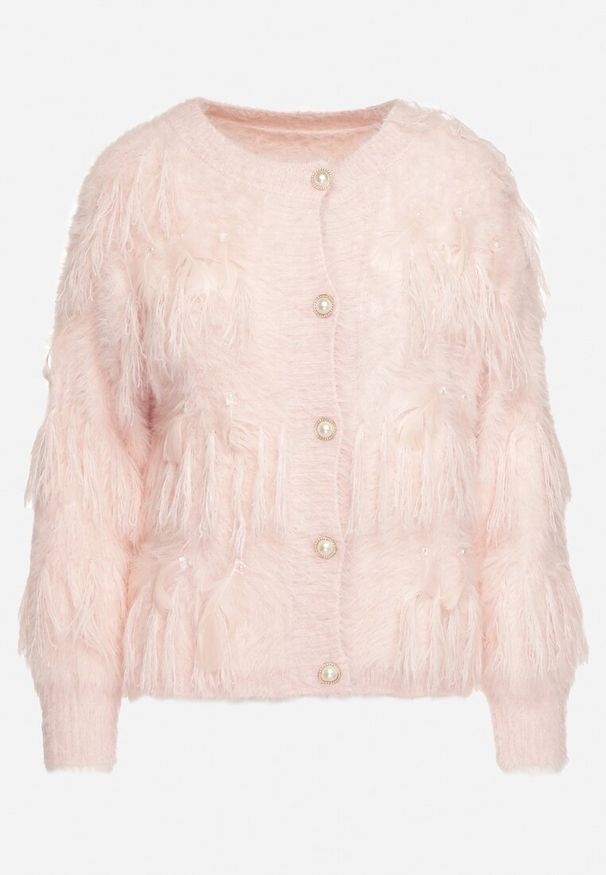 Born2be - Różowy Puchaty Kardigan Wykończony Perełkami i Piórami Mavanora. Kolor: różowy. Materiał: jeans, wełna. Wzór: aplikacja. Styl: klasyczny