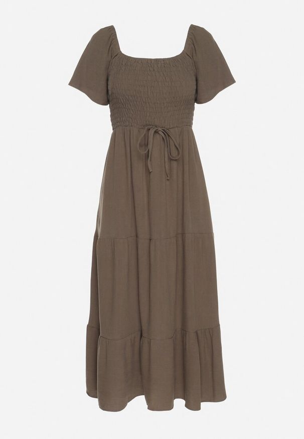 Born2be - Ciemnozielona Sukienka z Wiskozą Lnem i Elastyczną Górą Ellisena. Okazja: na co dzień, na spacer. Kolor: zielony. Materiał: wiskoza, len. Typ sukienki: proste. Styl: casual, elegancki, klasyczny