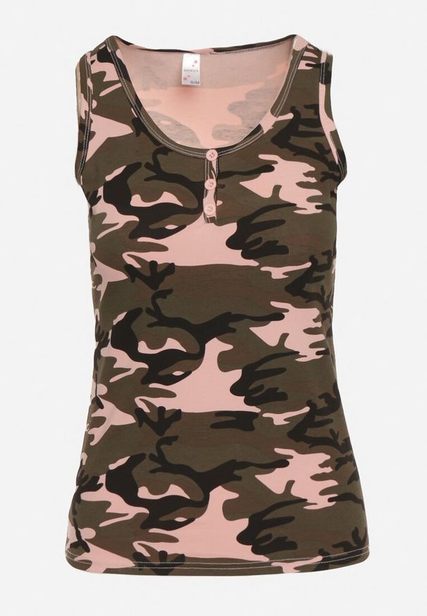 Born2be - Zielono-Różowy Top Bawełniany w Moro Wiarae. Okazja: na co dzień. Kolor: zielony. Materiał: bawełna. Długość rękawa: na ramiączkach. Wzór: moro. Styl: casual, sportowy, klasyczny