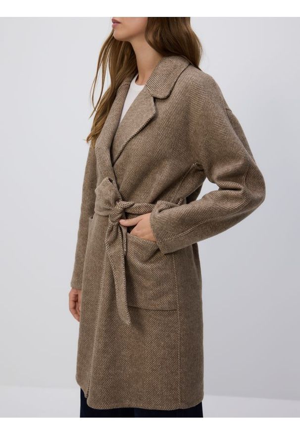 Reserved - Płaszcz handmade z paskiem - brązowy. Kolor: brązowy. Materiał: tkanina, wełna