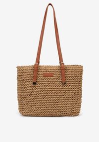 Renee - Ciemnobeżowa Duża Pleciona Torebka Wykończona Rączkami z Imitacji Skóry Carpinea. Kolor: beżowy. Sezon: lato. Materiał: skórzane. Styl: boho, elegancki, casual #4