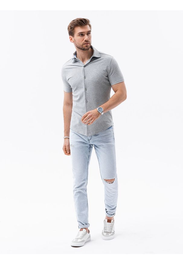Ombre Clothing - Koszula męska z krótkim rękawem K541 - szara - XXL. Typ kołnierza: kołnierzyk klasyczny. Kolor: szary. Materiał: bawełna, dzianina. Długość rękawa: krótki rękaw. Długość: krótkie. Sezon: lato. Styl: klasyczny
