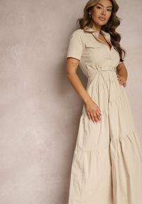 Renee - Beżowa Bawełniana Sukienka o Rozkloszowana Zwężana w Talii Nenefia. Kolor: beżowy. Materiał: bawełna. Sezon: lato #5