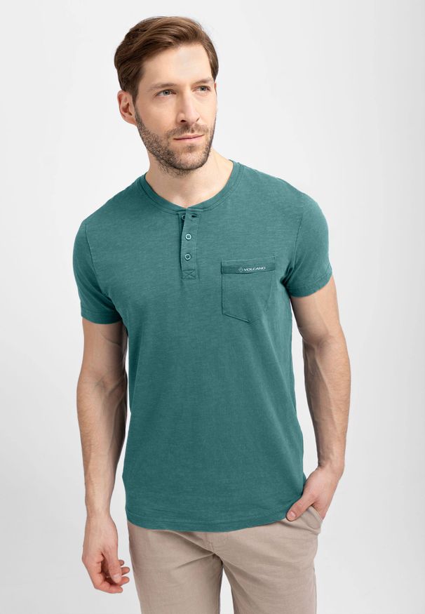 Volcano - Koszulka z rozpinanym dekoltem T-APY. Okazja: na co dzień. Typ kołnierza: polo, typu henley. Kolor: turkusowy. Materiał: bawełna, włókno, materiał. Długość rękawa: krótki rękaw. Długość: krótkie. Styl: klasyczny, casual