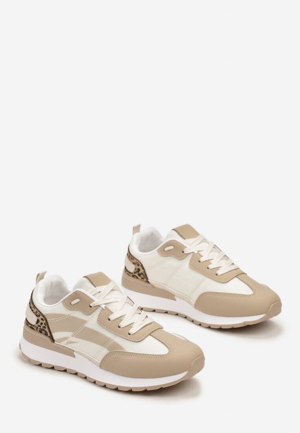 Renee - Ciemnobeżowe Sznurowane Sneakersy z Materiałowymi Wstawkami Aneril. Kolor: beżowy. Materiał: materiał