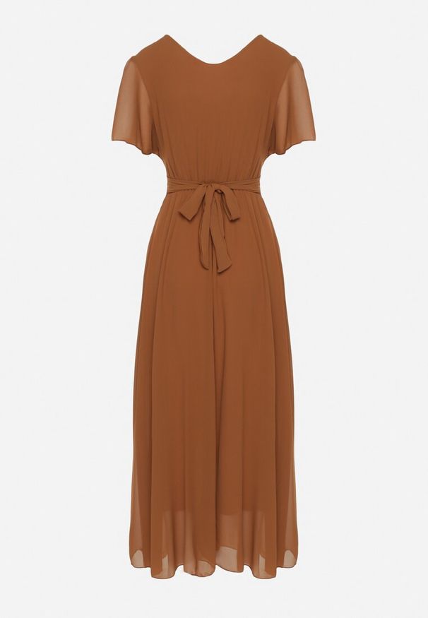 Born2be - Brązowa Kopertowa Sukienka Maxi z Gumką w Pasie Narlin. Okazja: na wesele, na ślub cywilny, na studniówkę. Typ kołnierza: dekolt w serek. Kolor: brązowy. Typ sukienki: kopertowe. Styl: klasyczny. Długość: maxi