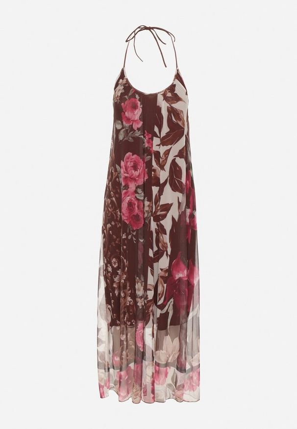 Born2be - Brązowa Siateczkowa Sukienka z Wiskozą w Kwiatowy Wzór Izaleira. Okazja: na co dzień, na imprezę. Kolor: brązowy. Materiał: wiskoza. Wzór: kwiaty. Sezon: lato. Styl: casual, elegancki