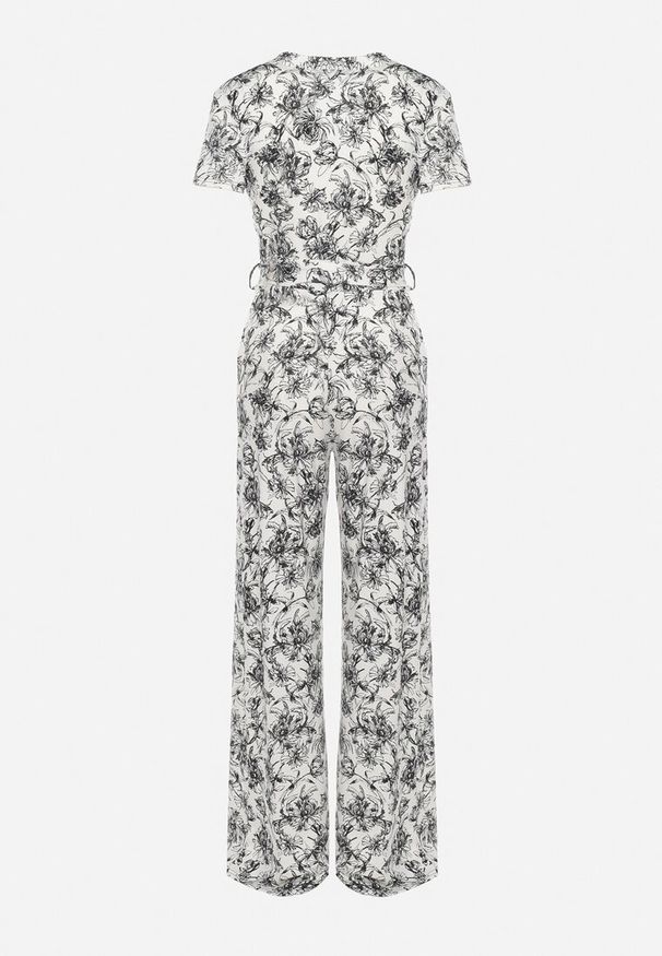 Born2be - Biało-Czarny Kombinezon w Kwiaty z Krótkim Rękawem i Dekoltem w Serek z Długimi Nogawkami Nestaanne. Okazja: na co dzień. Kolor: biały. Materiał: jeans. Długość rękawa: krótki rękaw. Długość: krótkie. Wzór: kwiaty. Styl: elegancki, casual, wizytowy