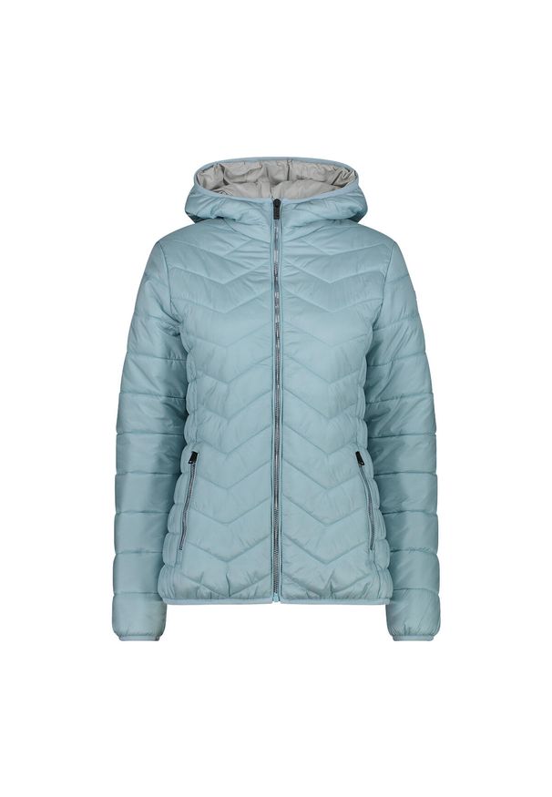 Kurtka puchowa z kapturem damska z diagonalnymi szwami CMP. Typ kołnierza: kaptur. Kolor: niebieski. Materiał: puch. Sezon: zima. Sport: turystyka piesza