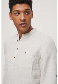 medicine - Medicine koszula lniana męska kolor beżowy regular ze stójką. Typ kołnierza: kołnierzyk stójkowy. Kolor: beżowy. Materiał: len. Długość rękawa: długi rękaw. Długość: krótkie. Wzór: gładki #4