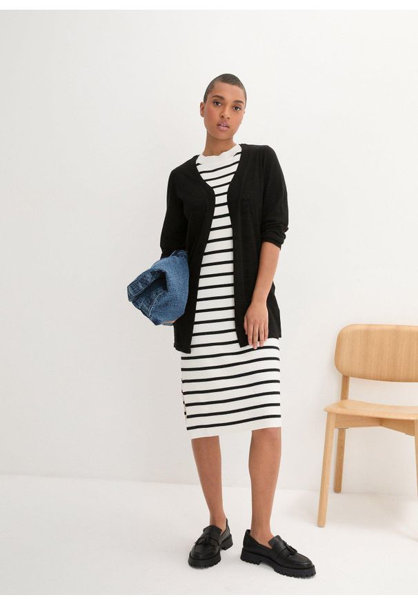 bonprix - Sweter bez zapięcia z czystej bawełny slub. Kolor: czarny. Materiał: bawełna