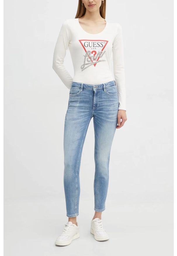 Guess - GUESS Biały damski longsleeve Love Tee, Rozmiar S. Kolor: biały. Długość rękawa: długi rękaw