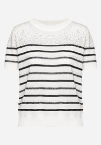 Born2be - Biało-Czarny Wiskozowy T-shirt w Paski z Cyrkoniami Pionelle. Kolor: biały. Materiał: wiskoza. Wzór: paski. Sezon: lato