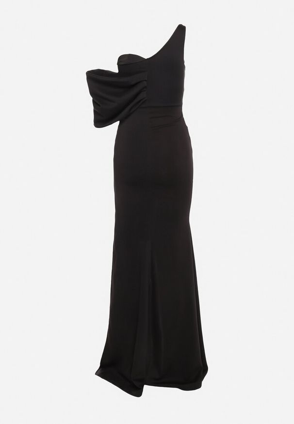 Born2be - Czarna Sukienka Koktajlowa z Asymetryczną Górą i Ozdobnym Marszczeniem Flamelia. Okazja: na co dzień, na imprezę. Kolor: czarny. Materiał: dzianina. Typ sukienki: asymetryczne. Styl: wizytowy