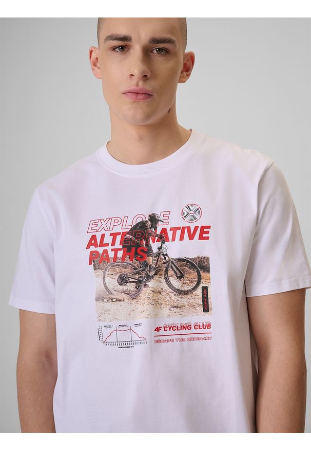 4f - 4F T-shirt relaxed z nadrukiem męski - biały M. Okazja: na co dzień. Kolor: biały. Materiał: dresówka, dzianina, materiał, jeans, bawełna. Wzór: nadruk. Styl: casual, klasyczny