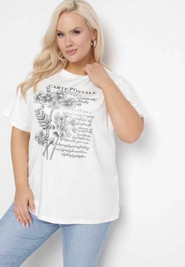 Born2be - Biały T-shirt z Bawełny z Metalicznym Nadrukiem Olianea. Okazja: na co dzień. Kolor: biały. Materiał: bawełna. Wzór: nadruk. Styl: klasyczny, casual