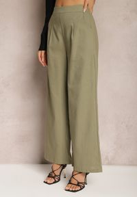 Renee - Zielone Szerokie Spodnie z Lnem z Gumką w Talii Airelttis. Kolor: zielony. Materiał: len. Sezon: lato. Styl: elegancki #4