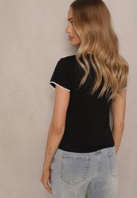 Renee - Czarny T-shirt z Bawełny z Ozdobną Lamówką Elanicea. Okazja: na co dzień. Kolor: czarny. Materiał: bawełna. Styl: sportowy, casual, wizytowy