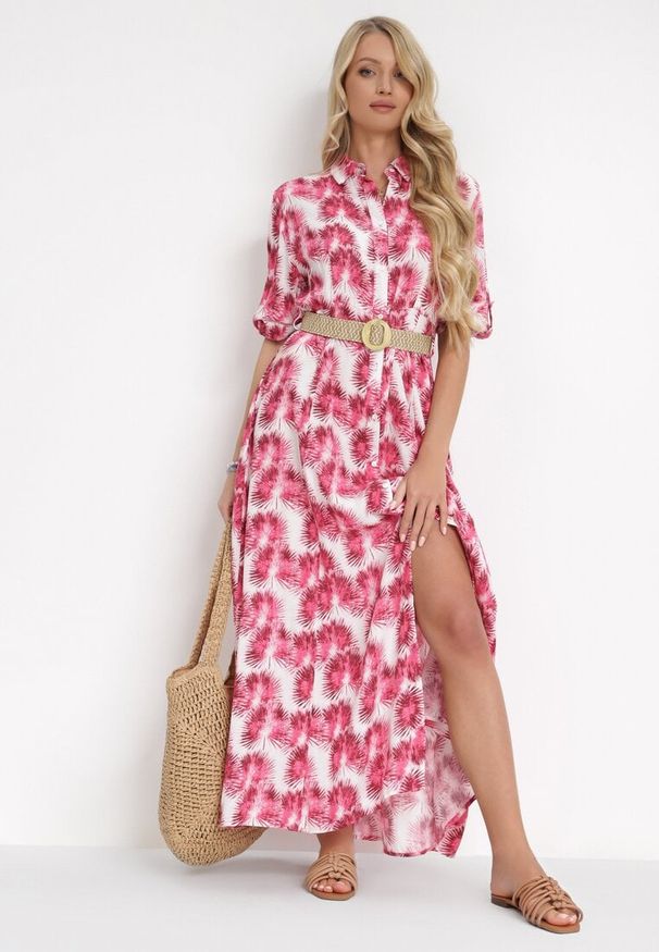 Born2be - Fuksjowa Rozkloszowana Sukienka Maxi z Plecionym Paskiem i Wsuwanymi Kieszeniami Suttyn. Kolor: różowy. Długość rękawa: długi rękaw. Sezon: wiosna, lato. Długość: maxi