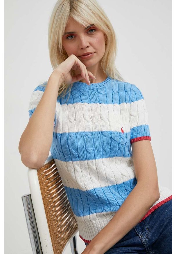 Polo Ralph Lauren sweter bawełniany lekki. Typ kołnierza: polo. Materiał: bawełna. Długość rękawa: krótki rękaw. Długość: krótkie. Wzór: ze splotem. Styl: klasyczny
