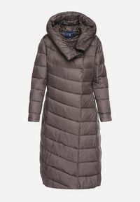 Born2be - Szara Długa Pikowana Kurtka Płaszcz z Kapturem i Ozdobnymi Suwakami Vlemika. Typ kołnierza: kaptur. Kolor: szary. Długość: długie #2