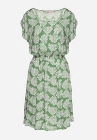 Born2be - Zielona Sukienka o Rozkloszowanym Kroju z Gumką w Pasie i Krótkim Rękawem Serive. Okazja: na spotkanie biznesowe, na co dzień. Kolor: zielony. Długość rękawa: krótki rękaw. Typ sukienki: rozkloszowane. Styl: elegancki, casual, klasyczny, biznesowy #2