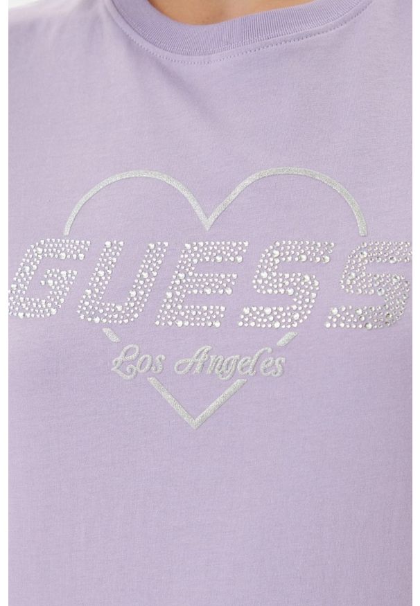 Guess - GUESS Lawendowy damski t-shirt bawełniany Narciso, Rozmiar S. Kolor: fioletowy. Materiał: bawełna
