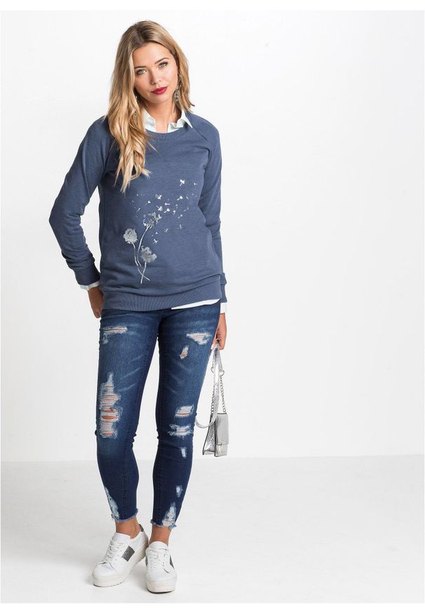 bonprix - Bluza z mieszanki bawełny. Kolor: niebieski. Materiał: bawełna, dresówka. Wzór: nadruk