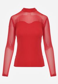 Born2be - Czerwona Bluzka z Siateczkową Górą i Półgolfem Lufenna. Kolor: czerwony. Materiał: wiskoza. Styl: elegancki #8