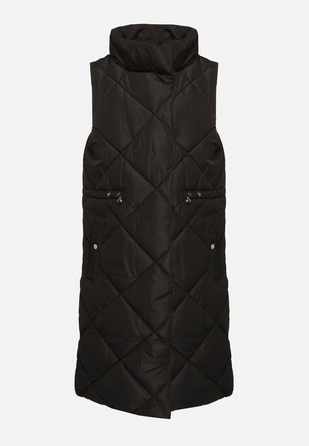 Born2be - Czarna Pikowana Kamizelka o Długim Kroju ze Stójką i Kieszeniami Avatheia. Okazja: na co dzień. Typ kołnierza: kołnierzyk stójkowy. Kolor: czarny. Materiał: jeans. Długość: długie. Wzór: aplikacja. Styl: klasyczny, casual, elegancki