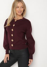 Born2be - Bordowy Kardigan z Wiskozą z Ozdobnymi Napami i Bufiastymi Rękawami Acalte. Okazja: do pracy. Kolor: czerwony. Materiał: wiskoza. Styl: elegancki, klasyczny