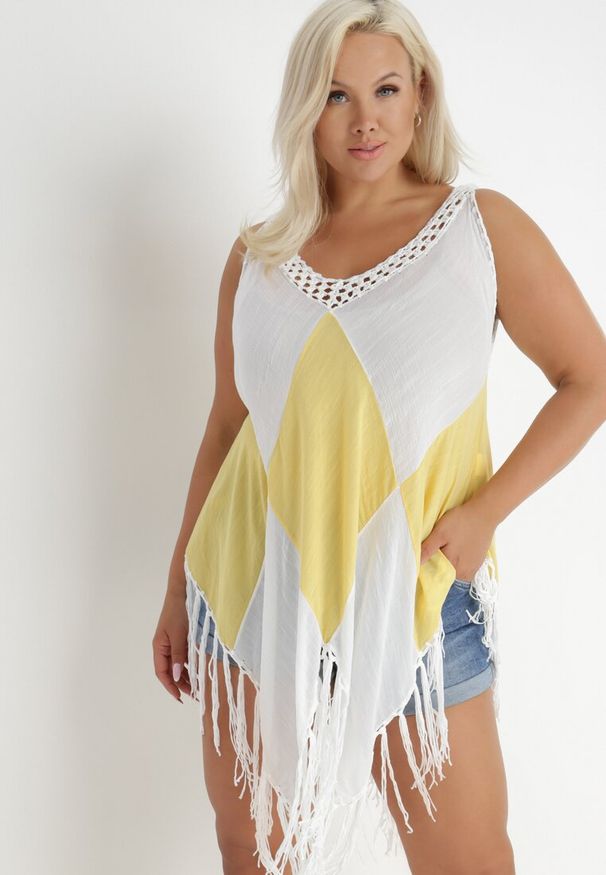 Born2be - Biało-Żółta Tunika Nyssaia. Okazja: na plażę. Kolor: biały. Długość rękawa: bez rękawów. Wzór: ażurowy, aplikacja, kolorowy