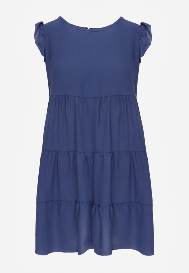 Renee - Niebieska Sukienka z Krótkim Rękawem i Ozdobnymi Falbankami o Rozkloszowanym Kroju Vetesa. Okazja: na co dzień. Typ kołnierza: kołnierz z falbankami. Kolor: niebieski. Materiał: jeans, wiskoza. Długość rękawa: krótki rękaw. Typ sukienki: proste. Styl: casual, klasyczny