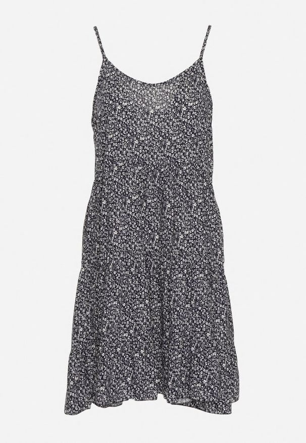 Born2be - Granatowa Bawełniana Sukienka Rozkloszowana na Ramiączkach z Falbanką Piloa. Kolor: niebieski. Materiał: bawełna. Długość rękawa: na ramiączkach. Wzór: kwiaty. Sezon: lato