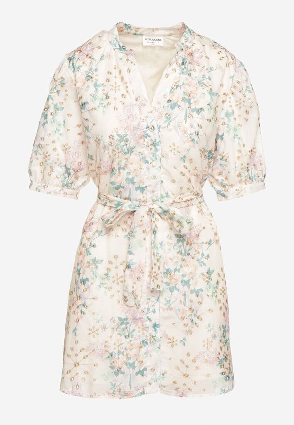 Born2be - Beżowo-Różowa Trapezowa Sukienka z Bufiastymi Rękawami i Materiałowym Paskiem Bernatia. Okazja: na co dzień, na imprezę. Typ kołnierza: dekolt w serek. Kolor: beżowy. Materiał: materiał. Wzór: aplikacja, kwiaty. Sezon: wiosna, lato. Typ sukienki: trapezowe. Styl: casual, elegancki