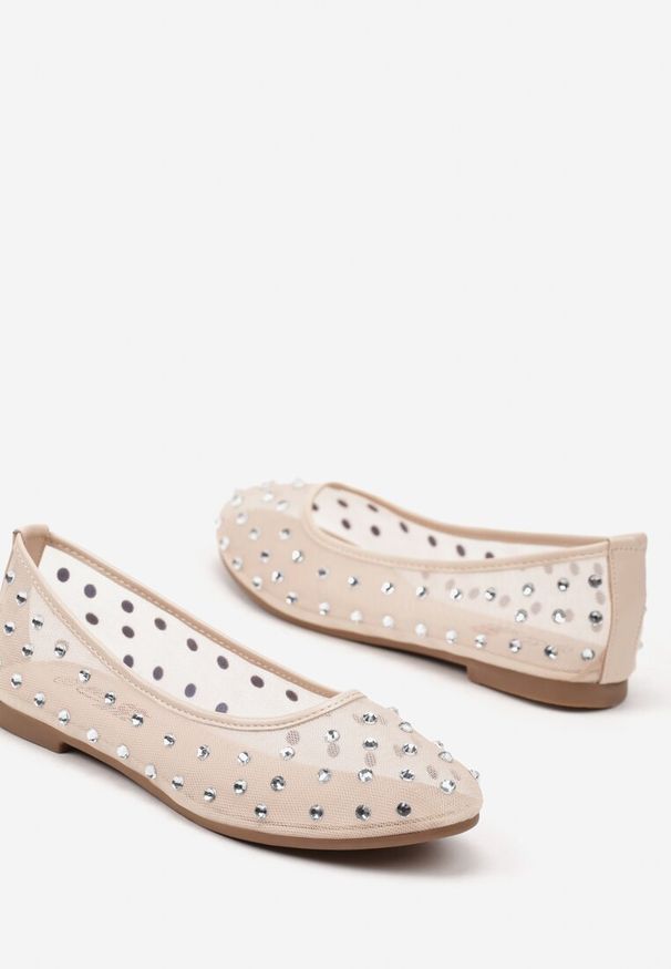 Renee - Beżowe Balerinki Siateczkowe z Cyrkoniami All Over Annilea. Okazja: na co dzień. Kolor: beżowy. Materiał: materiał, jeans. Wzór: aplikacja. Styl: elegancki, casual