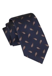Męski Krawat - Alties - Granatowy w Brązowe Listki. Kolor: niebieski. Materiał: tkanina. Styl: elegancki, wizytowy #1