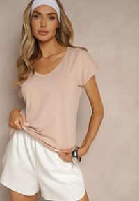 Renee - Beżowy T-shirt z Bawełny z Dekoltem w Serek Linithiela. Okazja: na co dzień. Typ kołnierza: dekolt w serek. Kolor: beżowy. Materiał: bawełna. Styl: casual