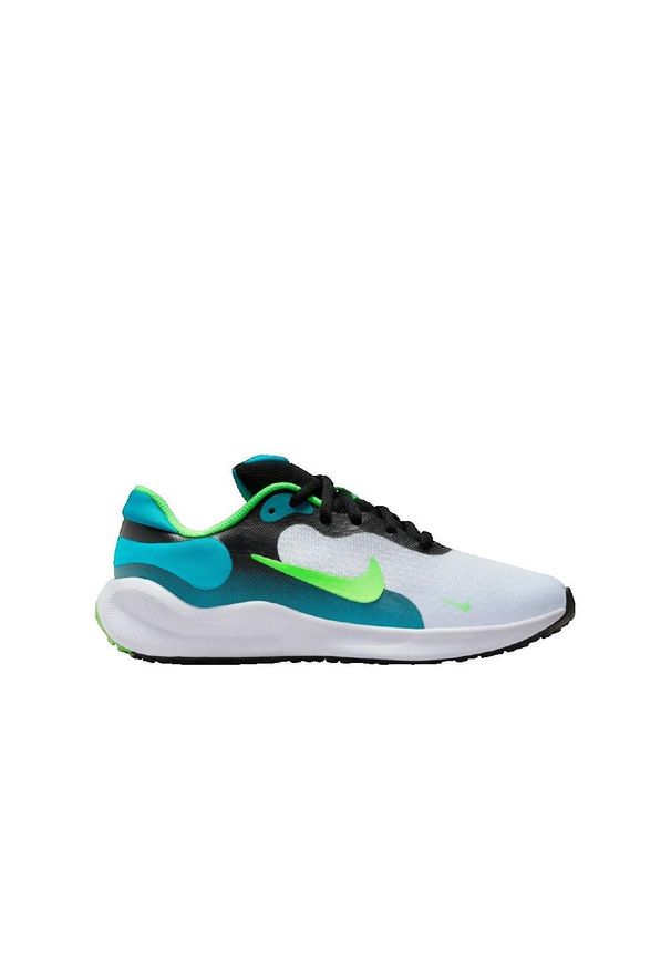Buty Nike Revolution 7 zielone do biegania. Zapięcie: sznurówki. Kolor: zielony, wielokolorowy. Materiał: tkanina, syntetyk, materiał. Szerokość cholewki: normalna. Model: Nike Revolution. Sport: bieganie