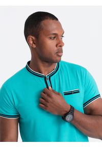 Ombre Clothing - T-shirt męski henley ozdobnymi ściągaczami - turkusowy V7 OM-TSCT-0175 - XXL. Okazja: na co dzień. Typ kołnierza: typu henley. Kolor: turkusowy. Materiał: jedwab, żakard, wiskoza, poliester, materiał, elastan. Wzór: aplikacja, paski, kolorowy. Styl: klasyczny, casual
