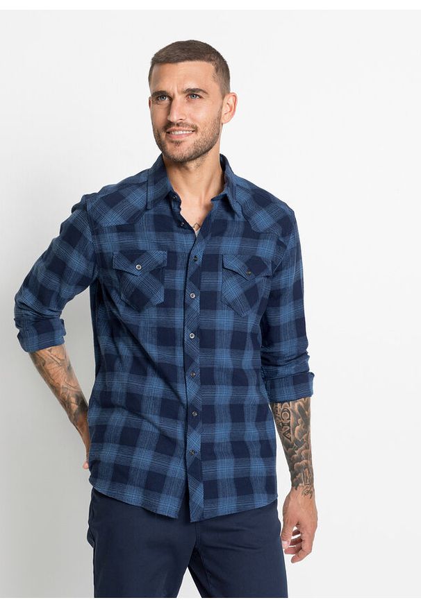 bonprix - Koszula flanelowa z czystej bawełny. Kolor: niebieski. Materiał: bawełna. Długość rękawa: długi rękaw. Długość: długie. Styl: klasyczny