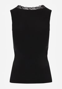 Born2be - Czarny Bawełniany Top Bieliźniany z Siateczkową Górą z Koronką Bervisa. Kolor: czarny. Materiał: bawełna, koronka. Wzór: koronka #3