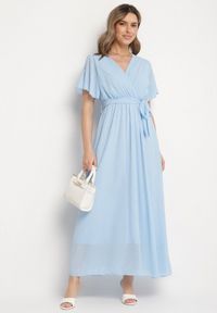 Born2be - Niebieska Brokatowa Sukienka Koktajlowa Ozdobiona Paskiem Ziliane. Okazja: na imprezę. Kolor: niebieski. Wzór: aplikacja. Styl: wizytowy #3