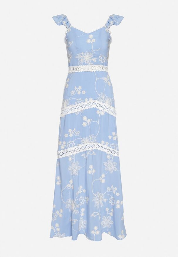 Born2be - Niebieska Wiskozowa Sukienka Ozdobiona Haftami i Falbankami Lumionea. Typ kołnierza: kołnierz z falbankami. Kolor: niebieski. Materiał: wiskoza. Wzór: haft, aplikacja. Styl: elegancki