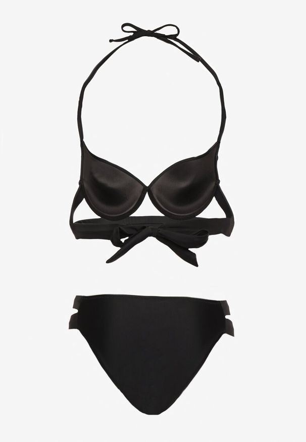 Renee - Czarne Bikini Majtki Figi z Wycięciami i Biustonosz z Ozdobnymi Paskami Kinalana. Kolor: czarny